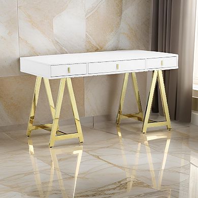 Ile 55 Inch Desk With 3 Storage Drawers, White Wood Veneer, Gold Metal