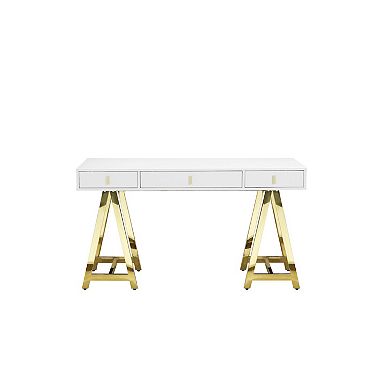 Ile 55 Inch Desk With 3 Storage Drawers, White Wood Veneer, Gold Metal