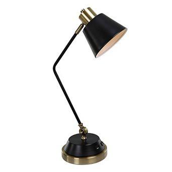 23 Inch Desk Lamp, Adjustable Arm, Usb Port, Antique Brass And Black Metal