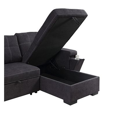 Oby 95 Inch Reversible Sleeper Sectional Sofa, Storage Chaise, Usb, Black