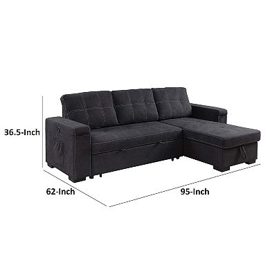 Oby 95 Inch Reversible Sleeper Sectional Sofa, Storage Chaise, Usb, Black
