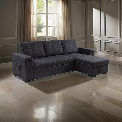 Oby 95 Inch Reversible Sleeper Sectional Sofa, Storage Chaise, Usb, Black