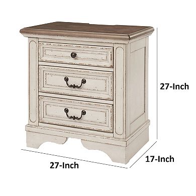 Beny 27 Inch Nightstand With 3 Drawers, Black Handles, White Wood Finish