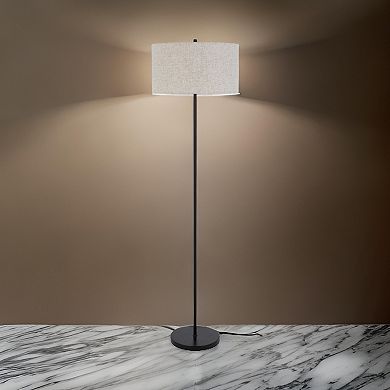 Sie 59 Inch Floor Lamp, White Linen Shade, Round Base, Black Metal Pole