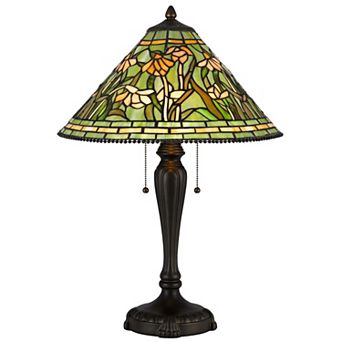 24 Inch Table Lamp, Floral Tiffany Style Stained Glass, Bronze Resin
