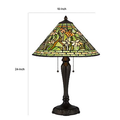 24 Inch Table Lamp, Floral Tiffany Style Stained Glass, Bronze Resin