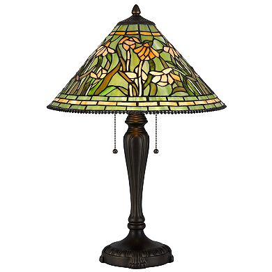 24 Inch Table Lamp, Floral Tiffany Style Stained Glass, Bronze Resin