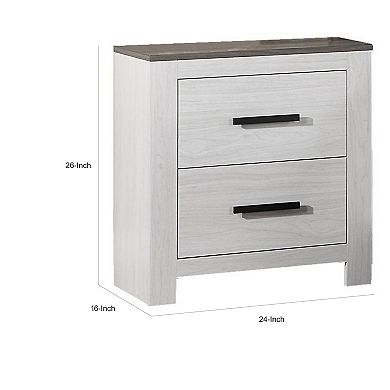Kopa 26 Inch Nightstand With 2 Drawers, Black Handles, White Wood Finish