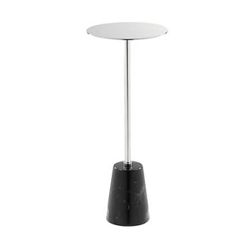 Sen 21 Inch Drink Side End Table, Chrome Round Top, Black Marble Cone Base