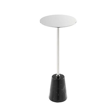Sen 21 Inch Drink Side End Table, Chrome Round Top, Black Marble Cone Base