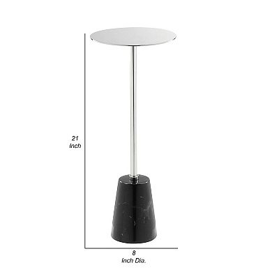 Sen 21 Inch Drink Side End Table, Chrome Round Top, Black Marble Cone Base