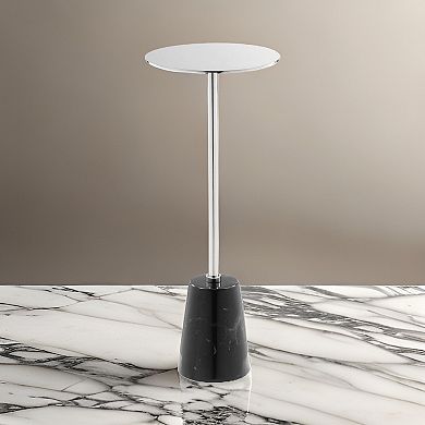 Sen 21 Inch Drink Side End Table, Chrome Round Top, Black Marble Cone Base