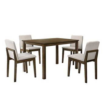 Zory 5 pc Dining Table Set, 4 Padded Chairs, Beige Burlap, Brown Wood