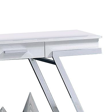 Tius 48 Inch Sofa Table, Open Shelf, Chrome Frame, High Gloss White Finish