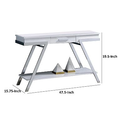 Tius 48 Inch Sofa Table, Open Shelf, Chrome Frame, High Gloss White Finish