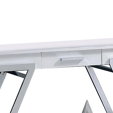 Tius 48 Inch Sofa Table, Open Shelf, Chrome Frame, High Gloss White Finish