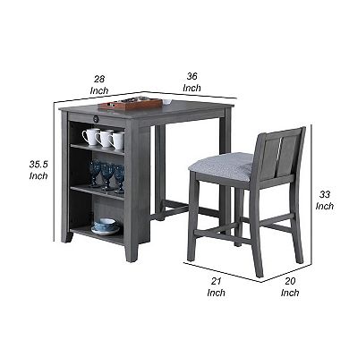 Ham 3 Piece Counter Height Compact Dining Table, Chair Set, Gray Wood