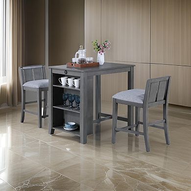 Ham 3 Piece Counter Height Compact Dining Table, Chair Set, Gray Wood