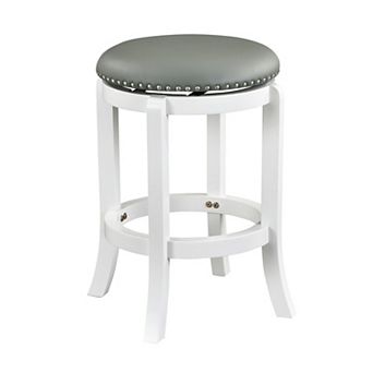 Ovi 25 Inch Backless Swivel Counter Stool, Gray Faux Leather, Nailhead Trim