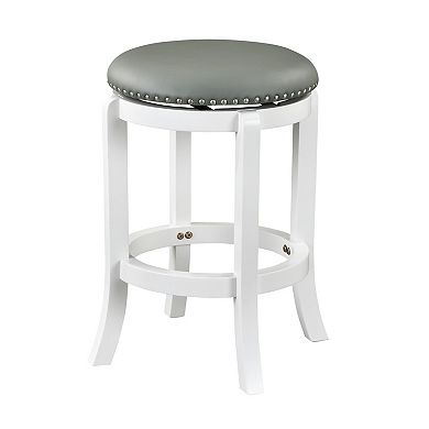 Ovi 25 Inch Backless Swivel Counter Stool, Gray Faux Leather, Nailhead Trim