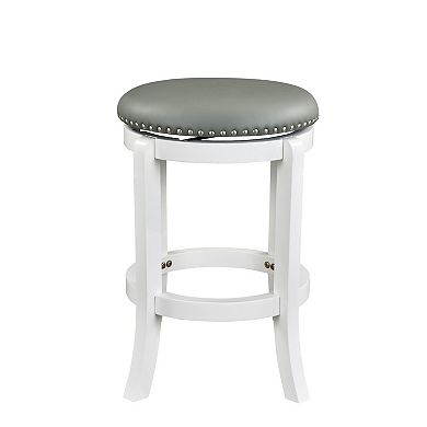 Ovi 25 Inch Backless Swivel Counter Stool, Gray Faux Leather, Nailhead Trim