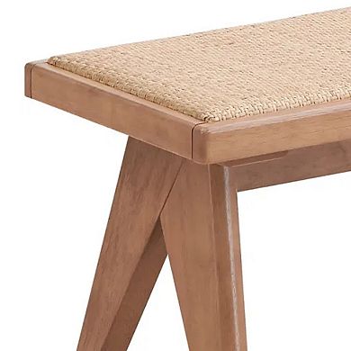 Tina 51 Inch Dining Bench, Transitional Woven Rattan, Natural Brown Wood
