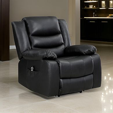 Carry 39 Inch Power Lift Recliner Chair, Black Faux Leather, Solid Wood