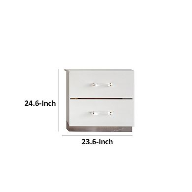 Ruo 25" Inch Modern Nightstand, 2 Drawers, Chrome Plinth Base, White Wood