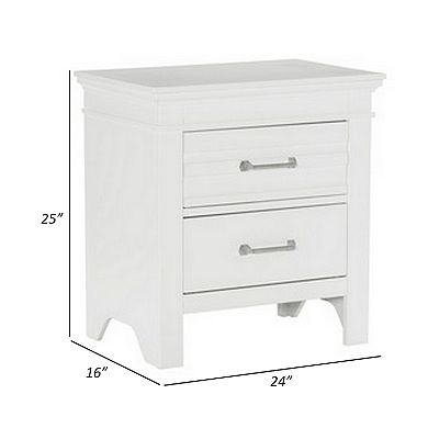 Candy 25 Inch Nightstand, 2 Drawers, Nickel Bar Handles, White Solid Wood