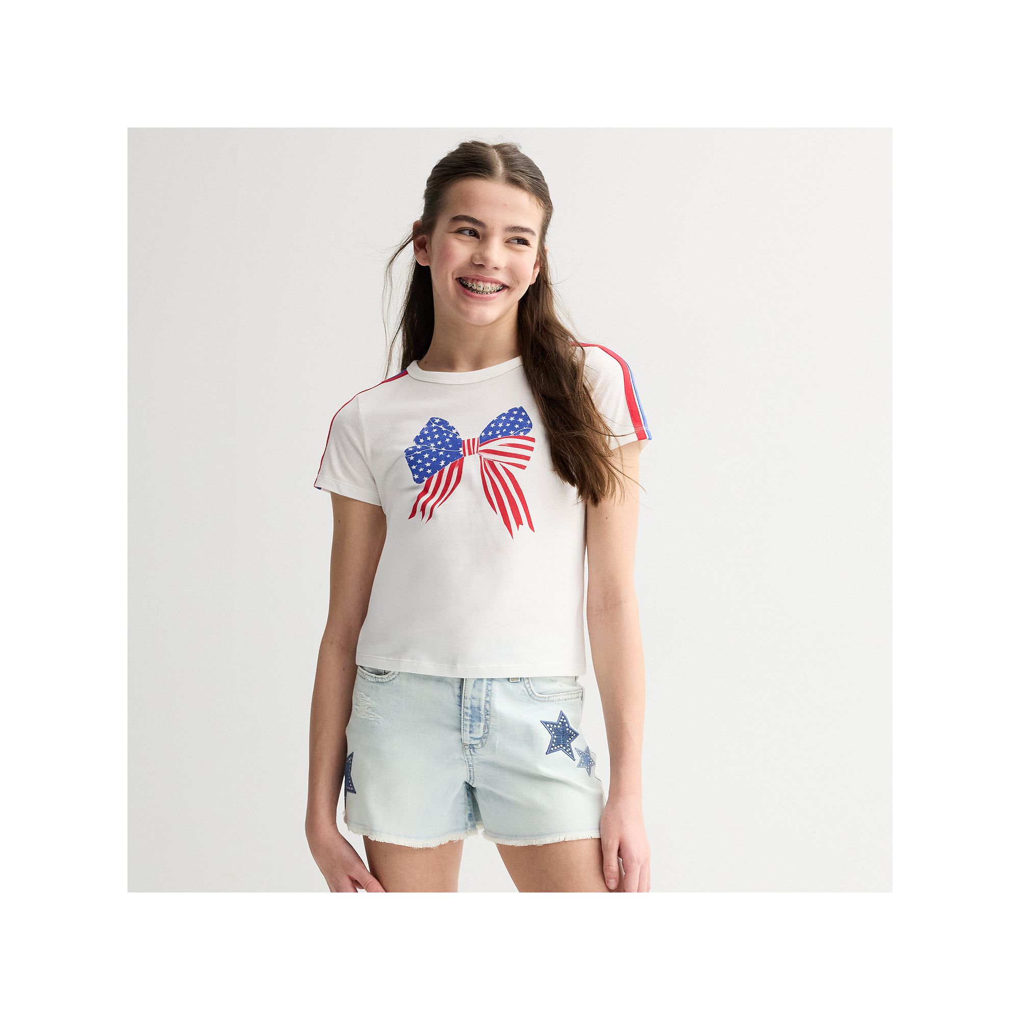 Girls 6-20 SO® Short Sleeve Varsity Stripe Flag Bow Baby Tee in Regular & 