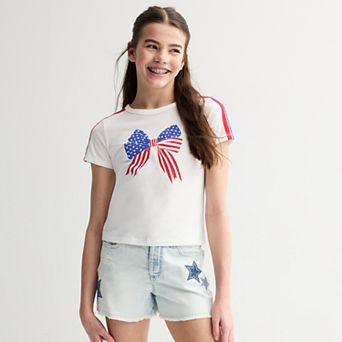 Girls 6-20 SO® Short Sleeve Varsity Stripe Flag Bow Baby Tee in Regular & Plus Size