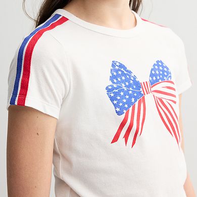 Girls 6-20 SO® Short Sleeve Varsity Stripe Flag Bow Baby Tee in Regular & Plus Size