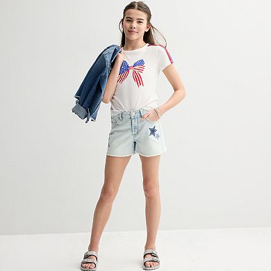 Girls 6-20 SO® Short Sleeve Varsity Stripe Flag Bow Baby Tee in Regular & Plus Size