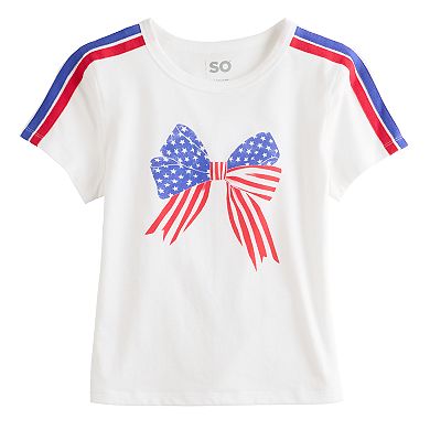 Girls 6-20 SO® Short Sleeve Varsity Stripe Flag Bow Baby Tee in Regular & Plus Size