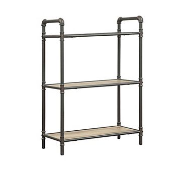 Three Tier Metal Bookshelf With Wooden Shelves, Oak Brown & Gray