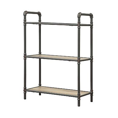 Three Tier Metal Bookshelf With Wooden Shelves, Oak Brown & Gray