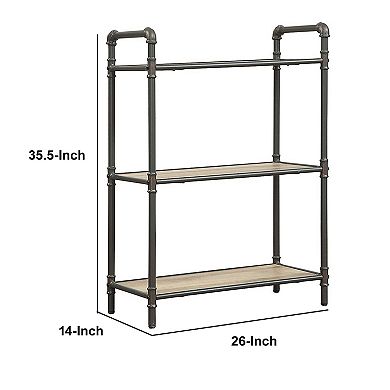 Three Tier Metal Bookshelf With Wooden Shelves, Oak Brown & Gray