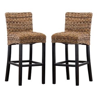 Woven Rattan Barstool With Wooden Legs, Low Profile Backrest, Set Of 2, Brown And Black