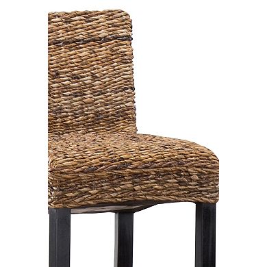 Woven Rattan Barstool With Wooden Legs, Low Profile Backrest, Set Of 2, Brown And Black