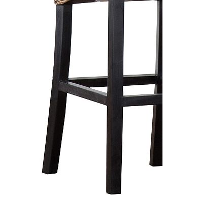 Woven Rattan Barstool With Wooden Legs, Low Profile Backrest, Set Of 2, Brown And Black