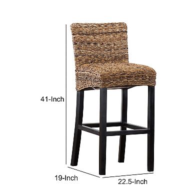 Woven Rattan Barstool With Wooden Legs, Low Profile Backrest, Set Of 2, Brown And Black