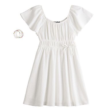 Girls 7-12 Three Pink Hearts Flutter Sleeve Dress with Friendship Bracelets in Regular & Plus Size