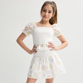 Girls 7-12 Three Pink Hearts Embroidered Eyelet Flowers Smocked Top and Skirt Set