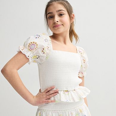 Girls 7-12 Three Pink Hearts Embroidered Eyelet Flowers Smocked Top and Skirt Set