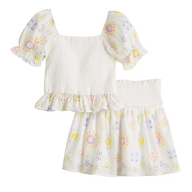 Girls 7-12 Three Pink Hearts Embroidered Eyelet Flowers Smocked Top and Skirt Set