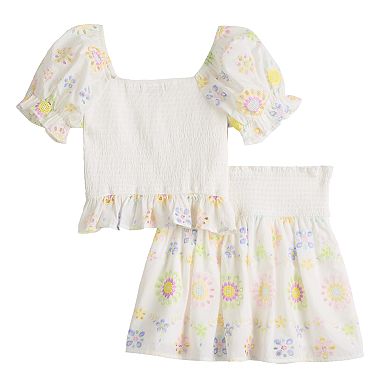 Girls 7-12 Three Pink Hearts Embroidered Eyelet Flowers Smocked Top and Skirt Set