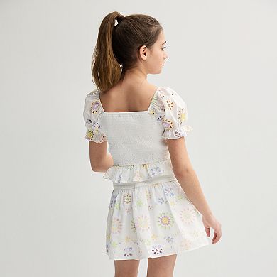 Girls 7-12 Three Pink Hearts Embroidered Eyelet Flowers Smocked Top and Skirt Set