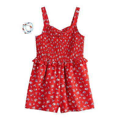 Girls 7-16 Three Pink Hearts Printed Smocked Romper