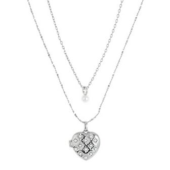 Forever Close 2 pc Fine Silver Plated Simulated Pearl & Heart Locket Necklace Set