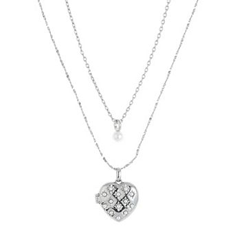 Forever Close 2 pc Fine Silver Plated Simulated Pearl & Heart Locket Necklace Set